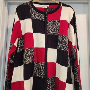 Dress Barn Woman-18/20-Red/Black/Winter White Patchwork Zip-Up Cardigan Sweater